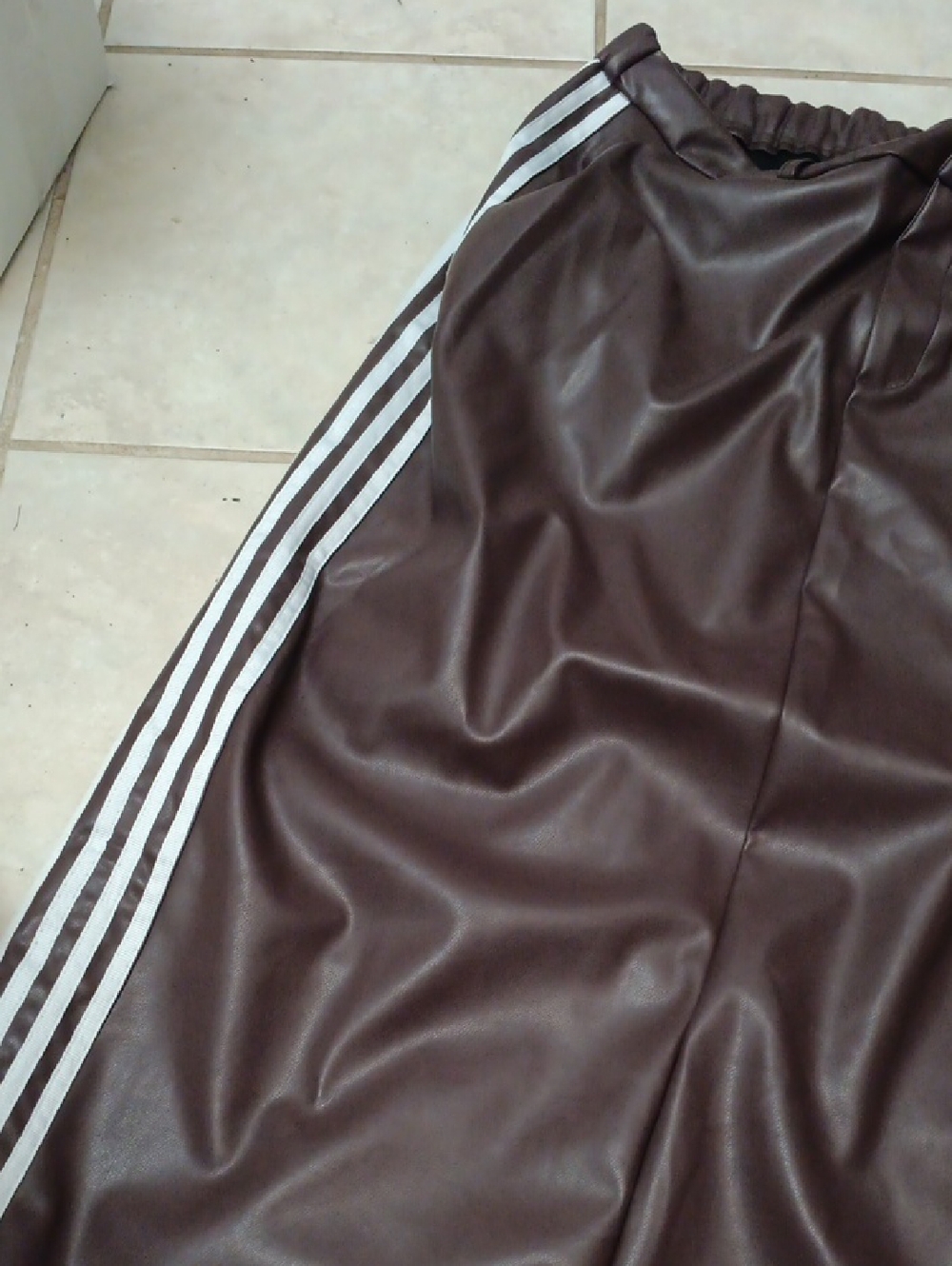 Faux Leather Maxi Skirt with Contrast Side Stripes - Brown Elastic Waste Band - Picture 3 of 3